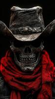 Cowboy skeleton wearing a hat and red scarf stands against a dark background in a striking and eerie portrait photo