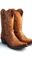 Stylish brown leather cowboy boots with intricate stitching displayed on a light background for fashion enthusiasts photo