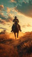 Horseman gallops across golden fields at sunset with dramatic clouds in the background photo