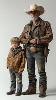 Cowboy and child stand together in rustic western attire, capturing a moment of tradition and legacy photo