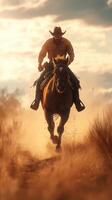 Cowboy riding a horse through dusty terrain at sunset in open landscape photo