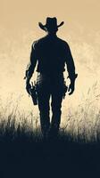 Silhouette of a cowboy walking through tall grass during sunset in a tranquil rural landscape photo