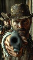Intense standoff between two cowboys in a dusty old town during a western showdown photo