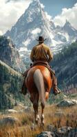 Cowboy on horse gazing at mountain landscape during a clear day in the wild west photo