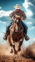Cowboy rides a galloping horse across dusty terrain under a blue sky during a sunny day photo