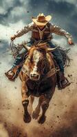 Cowboy riding a spirited horse in a rodeo under a dramatic sky with dirt swirling around photo