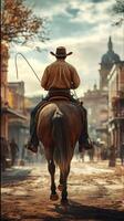 Cowboy riding through a historic town in the late afternoon with warm light illuminating the street and buildings photo