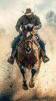 Rider and horse galloping through dusty landscape at sunset in western territory photo