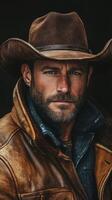 Cowboy with a rugged appearance in a leather jacket and hat showcases determined expression in a dark setting photo
