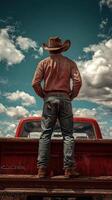 Cowboy standing on truck bed under a vast blue sky with clouds in a rural landscape photo