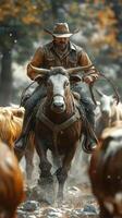 Cowboy herding cattle through a forest during autumn with vibrant leaves in the background photo