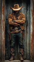 Cowboy stands confidently against a rustic wooden backdrop in a dramatic pose during a clear day photo