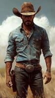 Cowboy stands confidently in a field wearing denim, leather, and a wide-brimmed hat during a sunny afternoon photo
