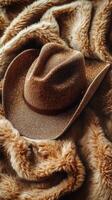 Western cowboy hat resting on luxurious fur blanket with warm colors enhancing texture and style photo