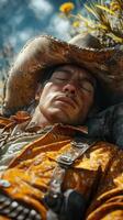 Cowboy resting under the sun with a worn hat and rugged attire in a rural landscape photo