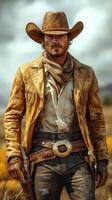 Cowboy stands confidently in sunlit field with rugged attire and western accessories, embodying the spirit of the wild west photo