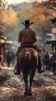 Horseback rider wanders through rustic town in warm sunset light surrounded by autumn foliage photo