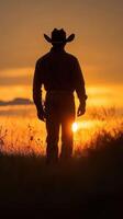 Cowboy stands in silhouette against a vibrant sunset with golden hues over the horizon in a tranquil landscape photo