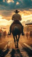 Cowboy riding horse at sunset with dramatic clouds over a dusty rodeo arena in the countryside photo
