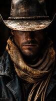 Rugged cowboy in a weathered hat and scarf displays a strong character in a dimly lit setting photo