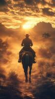 Rider on horseback journeys into sunset across desert landscape with mountains in background photo