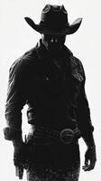 Heroic cowboy silhouette standing confidently in a dramatic pose at dusk photo