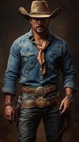 Cowboy dressed in classic western attire stands confidently, showcasing rugged style and traditional accessories in a dramatic setting photo