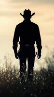 Silhouette of a cowboy standing in tall grass during sunset in an open landscape photo