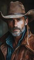 Handsome cowboy with a rugged look wearing a hat and leather jacket in a rustic setting outdoors photo