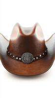 Classic brown cowboy hat with decorative band and silver accents displayed on a neutral background photo
