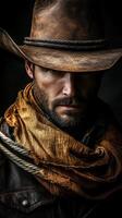 Cowboy with weathered hat and scarf gazes intently in low light setting while gripping a coiled rope photo