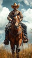 Horseback rider in rugged terrain under a dramatic sky during daytime in an open field photo