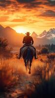 Cowboy riding a horse during sunset in a mountainous landscape with vibrant orange skies photo