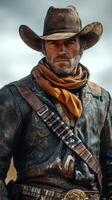 Cowboy stands confidently in a rugged landscape with a determined expression and weathered attire during the golden hour photo