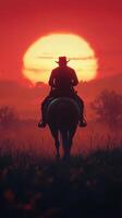 Cowboy riding into the sunset on horseback in a serene landscape during evening hour photo