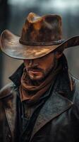Rugged cowboy wearing a brown hat and leather coat poses in a wilderness setting during the golden hour photo