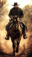 Cowboy riding a horse through dusty terrain at sunset, showcasing the spirit of the Wild West in open countryside photo