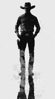 Cowboy silhouette standing confidently on reflective ground with monochrome background at sunset photo