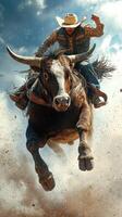 Cowboy riding a bucking bull during a rodeo event in an outdoor arena under a bright sky photo