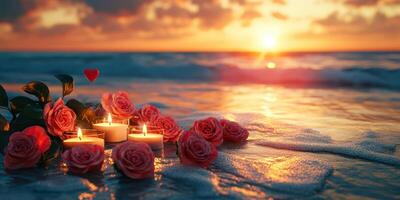 Romantic sunset arrangement of roses and candles on the beach with gentle waves lapping at the shore photo