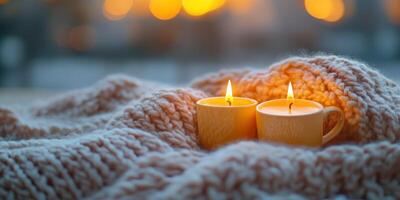 Cozy evening with candles and a warm blanket by the fireplace in a tranquil setting photo