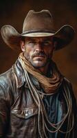 Handsome cowboy in leather jacket and hat poses confidently with ropes in a rustic setting photo