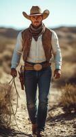 Cowboy walking confidently through desert landscape with lasso and western attire during bright sunny day photo