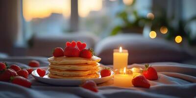 Delicious pancakes topped with fresh strawberries and hearts, perfect for a romantic evening at home with soft candlelight photo