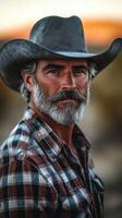 Cowboy with a rugged look standing in a sunlit landscape during golden hour in the American West photo
