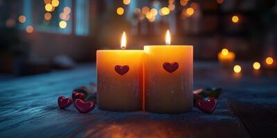 Romantic candlelit setting with heart-shaped accents for a cozy evening photo