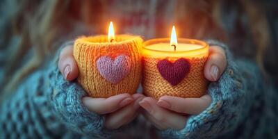 Warm colored candles held by a person with knitted gloves on a cozy evening indoors photo