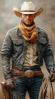 Cowboy in denim attire holds rope while standing confidently in a rustic environment photo