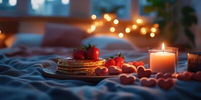 Romantic breakfast in bed with pancakes, strawberries, and candlelight creating a cozy evening atmosphere photo