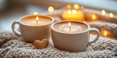 Warm cups of coffee beside lit candles create a cozy atmosphere on a soft blanket during a chilly evening photo